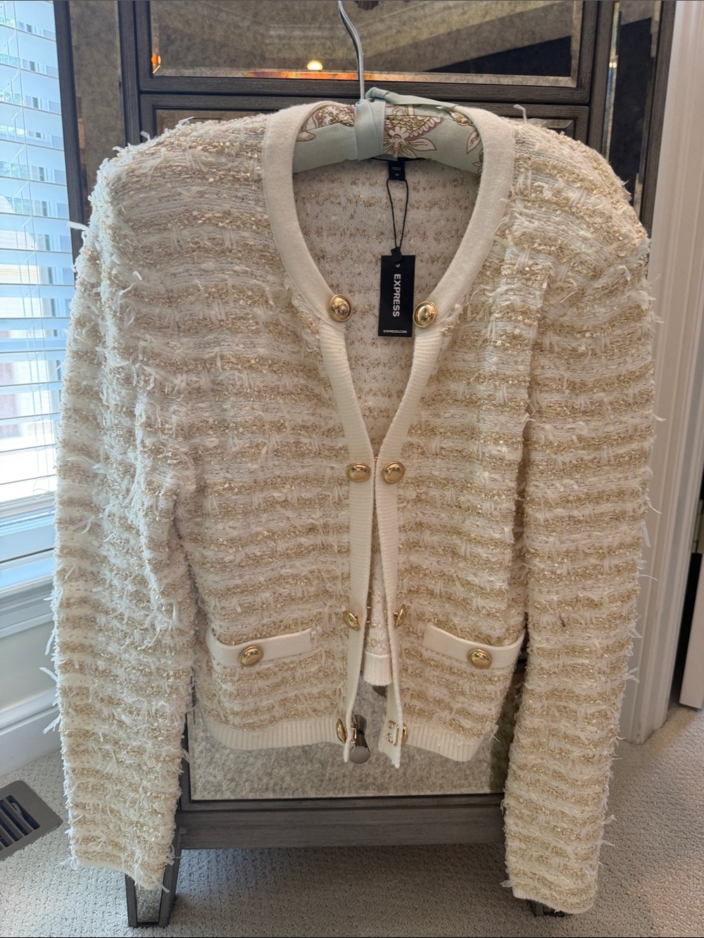 Express Cream Tweed Knit Blazer with Gold Buttons